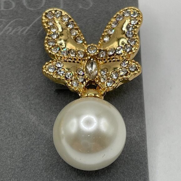 NWT Talbots Gold Pave Butterfly Round Pearl Drop Pierced Earrings - Picture 4 of 6